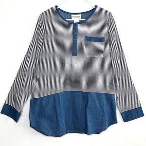 Country Store Blue Striped Henley Tunic Top Sz L Coastal Grandmother Casual Chic